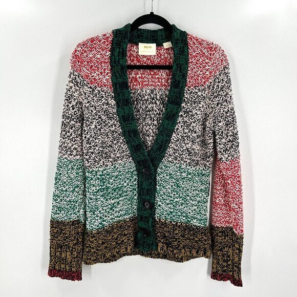 ANTHROPOLOGIE Maeve Red Green Colorful Knit Button Up Cardigan Sweater Small - Picture 1 of 6